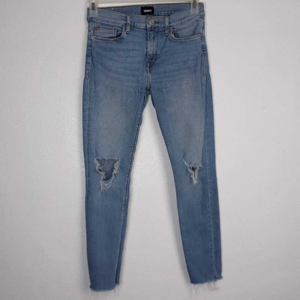 Hudson Women's Natalie Super Skinny Jeans Size 27 Distressed Raw Hem Light Wash